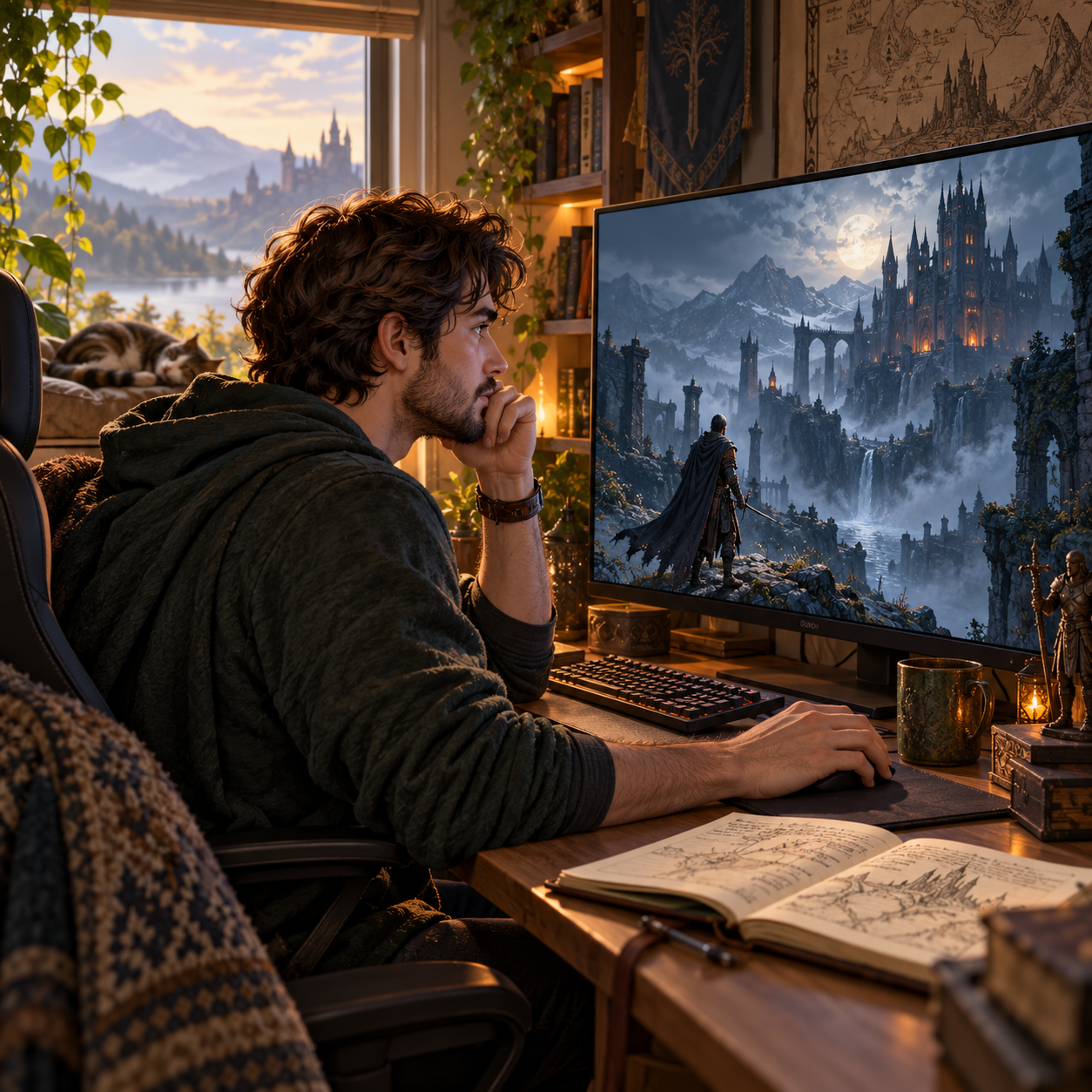Вымышленный игрок исследует атмосферный фэнтезийный мир